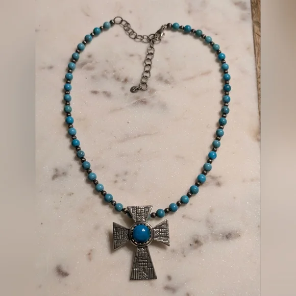 Carolyn Pollack & Roderick Tenorio Cross Enhancer Pendant w/ Turquoise Necklace - Picture 2 of 13